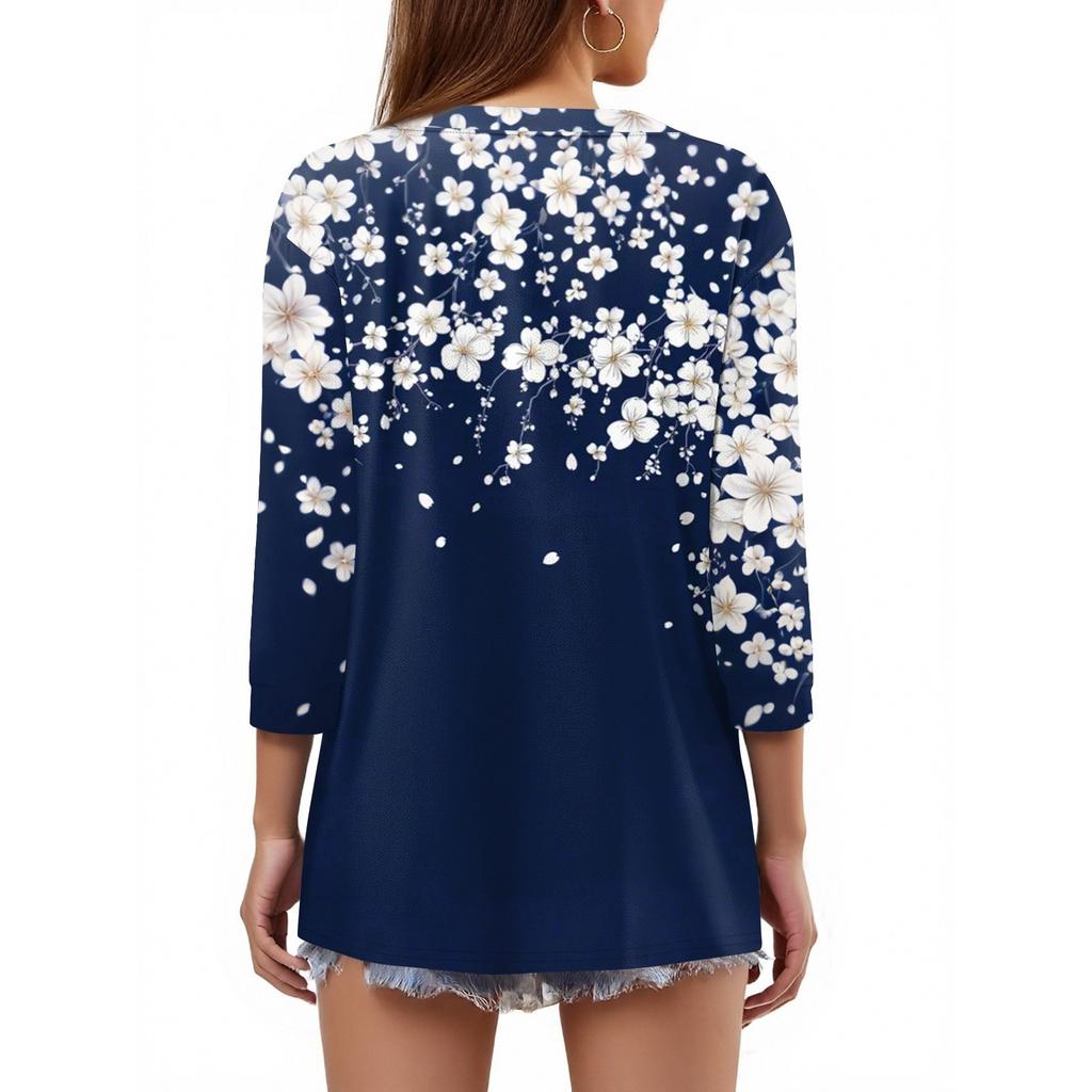 Damen T-Shirt mit Aufdruck, Knopfleiste, 3/4-Ärmel, für den Alltag, Wochenendmode, Basic, V-Ausschnitt, normales Oberteil