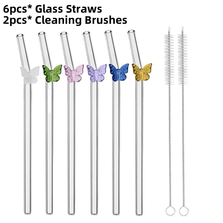 8pcs/pack Butterfly Glass Straws Household Colorful Heat Resistant Bent Straws Gift Set with Cleaning Brushes