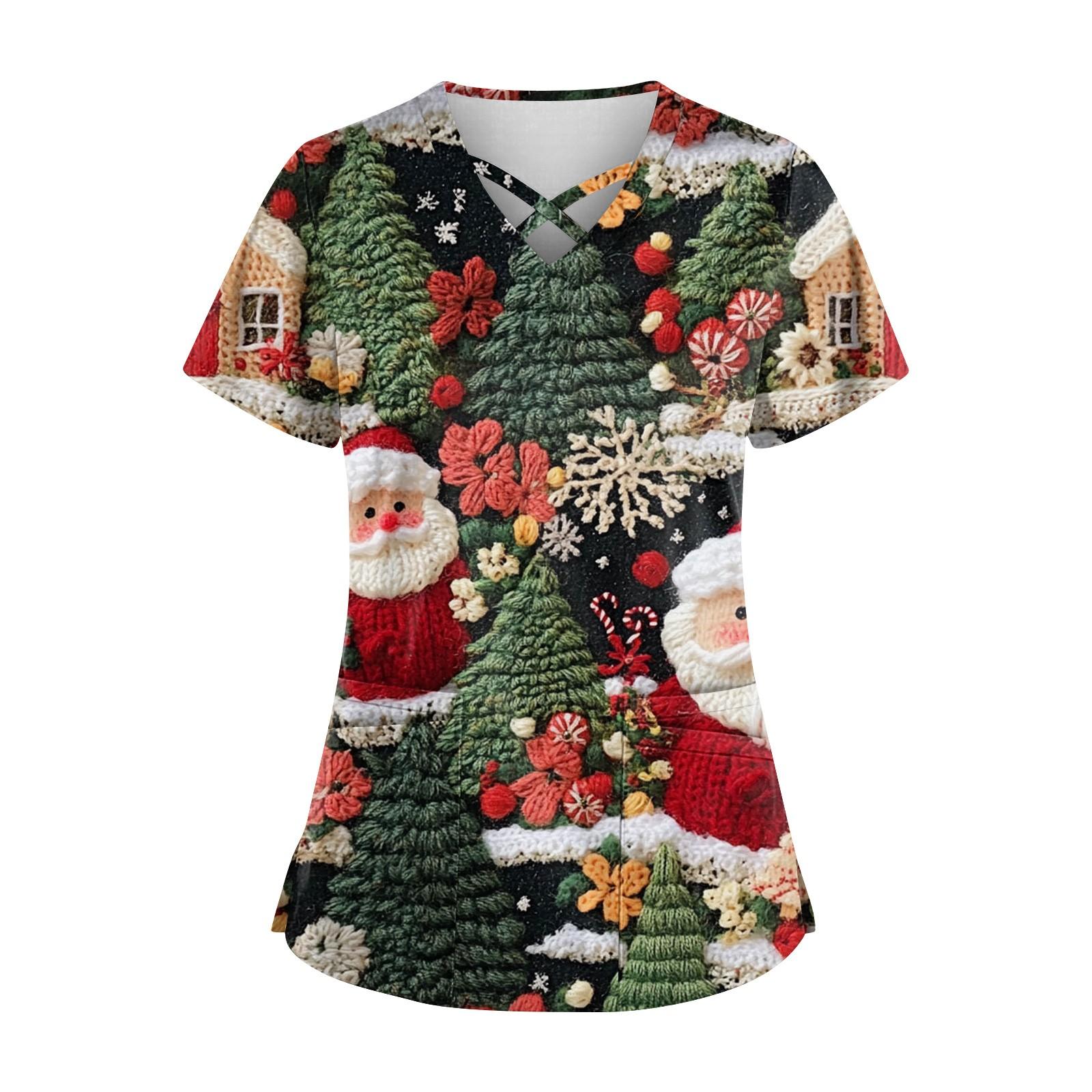 

Женский топ с короткими рукавами, V-образным вырезом, рождественским принтом и карманом Dry-nurse XXXXXL