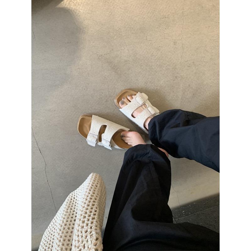 Da Mimi Bokenxia one-word soft leather burst pattern thick bottom cool slippers wear beach girl