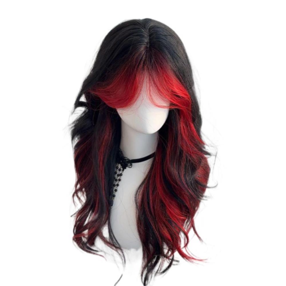 Mittelscheitel Schwarzes Ombre Rotes Gestuftes Haarteil Halloween Lolita Cosplay Perücken für Damen