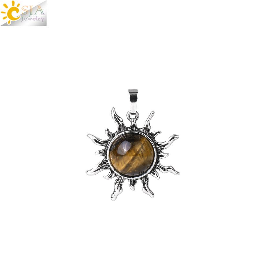 CSJA Vintage Sun Flower Pendant Natural Stone Crystal Necklace Genuine Round Amethysts Pink Quartz Obsidian Lapis Lazuli H120