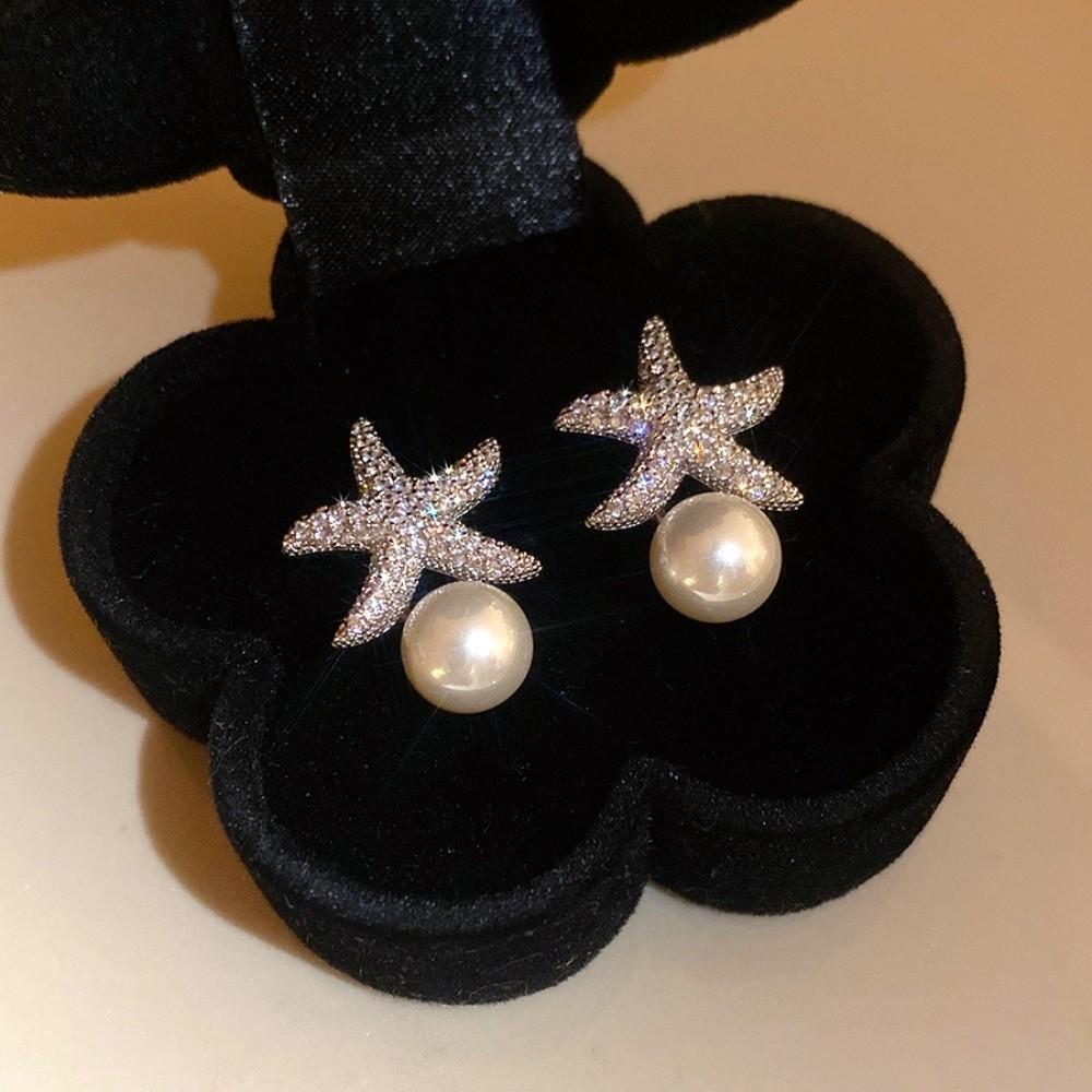 Zircon Korean Style Earrings Crystal Starfish Ear Studs Elegant Starfish Pearl Stud Earrings  Women
