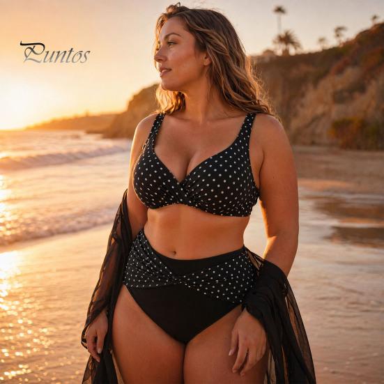 Flattering Plus Size Bikini 2Pcs/Set Set, Cross-Chest V-Neck Bra with Built-In Support, Women Swimwear High-Waisted Twist Swim Bottoms, Retro