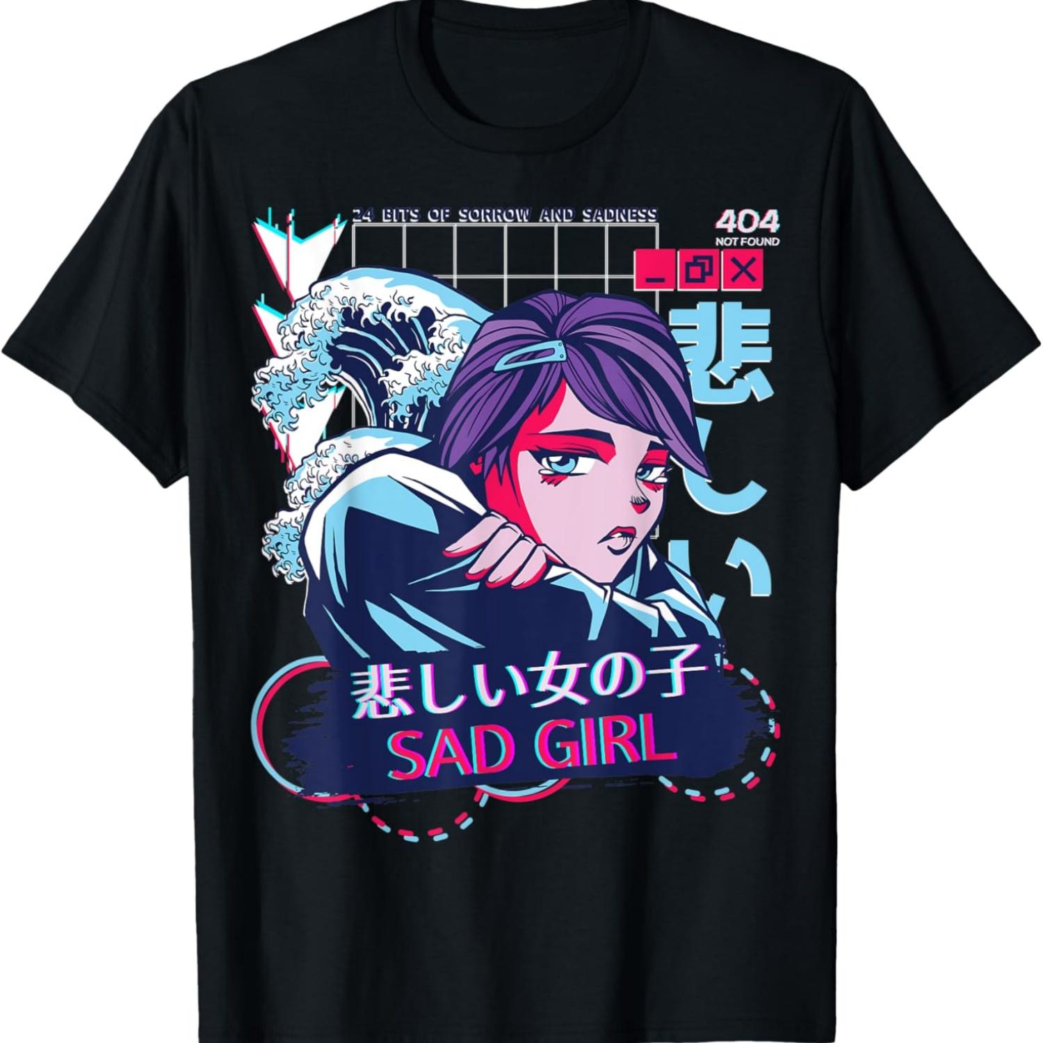 Sad Anime Girl Glitch Sorrow eGirl Japanese Vaporwave T-Shirt S чёрный