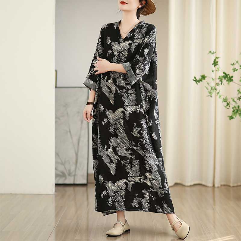 Colorful Travel V-neck Retro Long Skirt Cotton Linen Dress