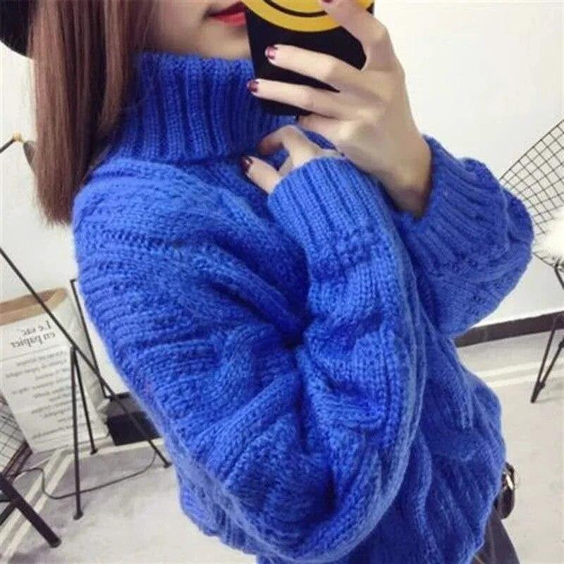 Turtleneck Sweater Thickened Loose Crochet Stripe Women Short Knit Pullover Warm  Pull Jumper Casual Commuting New Fashion Autumn Winter