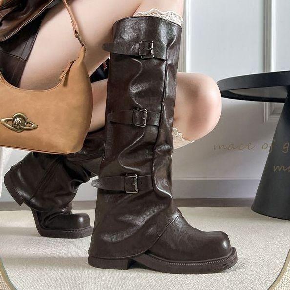 Pants, boots, women's knee fashion boots, belt buckle knight boots, but light luxury, European and American retro folds