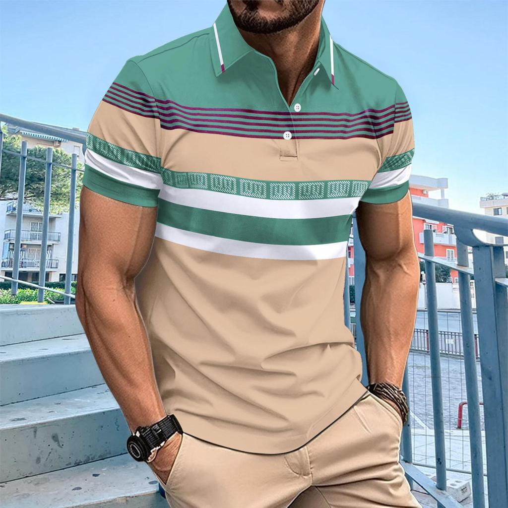 New Men's Casual POLO Shirt Digital Printing Striped Buttons Lapel Top T-shirt