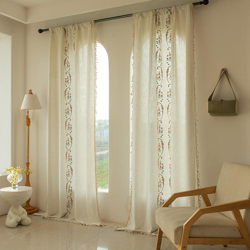 American Style Cotton Linen Fringe Embroidered Floral Semi Blackout Short Curtains for Living Room Bedroom Balcony Kitchen