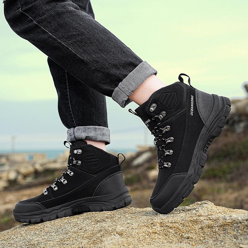 Fashion Winter Men Boots Plush Warm Snow Boots Leather Waterproof Sneakers Climbing Hunting Shoes Lace-up Outdoor Warm Hiking Boots Men