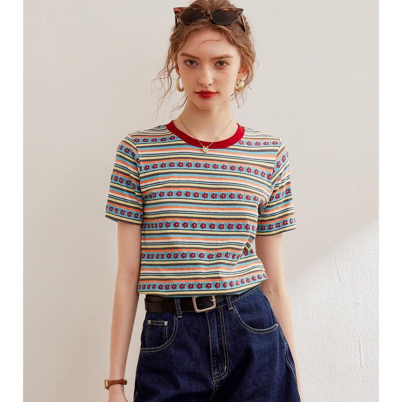 

Women s Playful Striped Round Neck Short Sleeve T-Shirt XL