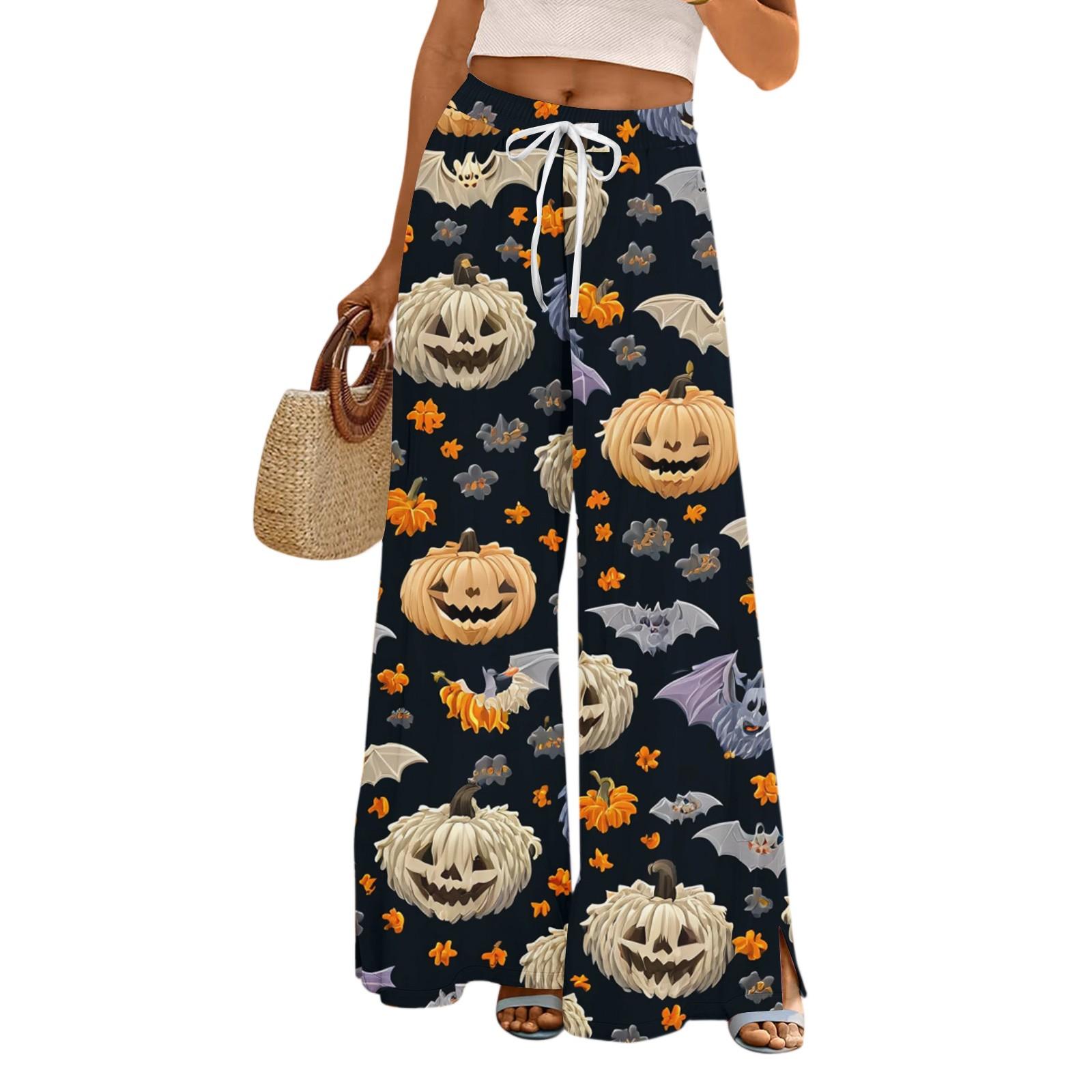 

Women s Halloween Printed Wide Leg Pants With Pockets High Waist Drawstring Loose Casual Pants M