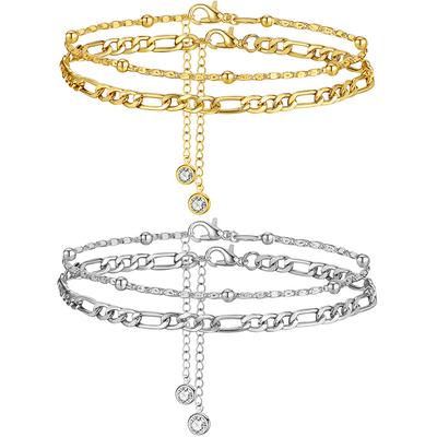 2Pcs Stainless Steel Anklet Set For Women Silver Color Ankle Bracelet Cuban Link Chain On Leg Foot Female Summer Beach Jewelry
