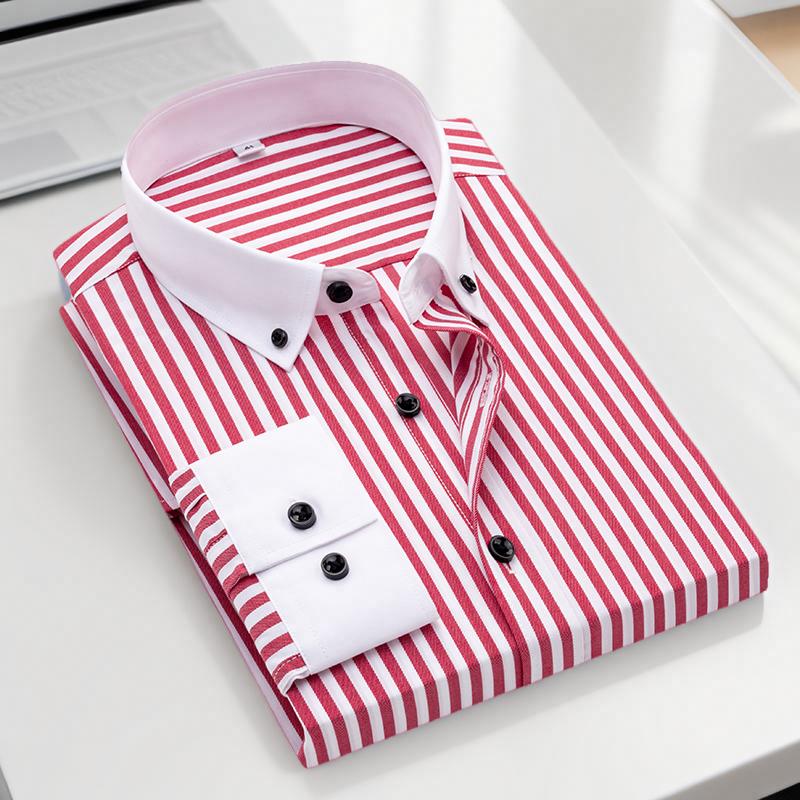 Herrenhemd langärmelig schmal geschnitten gestreift Patchwork-Kragen Herren Business Mode heterochromer Kragenhemd
