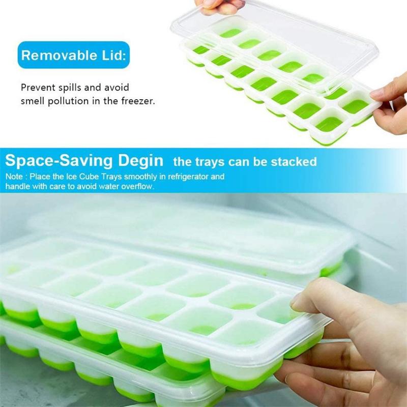 14-Cell Ice Tray With Ice Scoop Set Silicone Ice Cube Tray With Lid And Bin