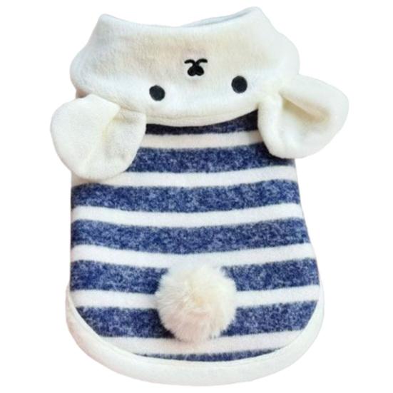 Xiaobudian Cartoon Bear Dog Hoodie, Blue Stripe Sleeveless Pet Clothes, Warm Tank Top, Cozy Winter Outfit for Small Breed Dogs