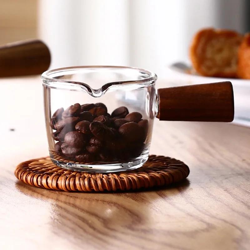 50/75/100ML Wooden Handle Glass Espresso Measuring Cup Double/Single Mouth Milk Latte Jug Coffee Supplies Kitchen Mug Drinkware
