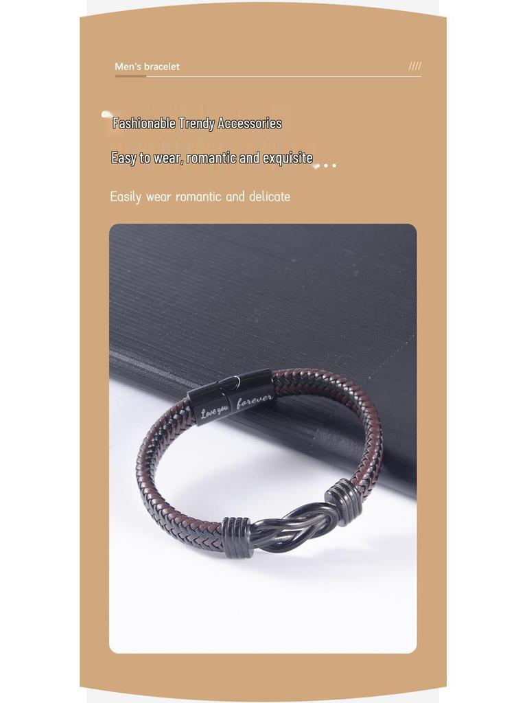 Men's Magnetic Black Twist Stainless Steel and Woven Leather Bracelet