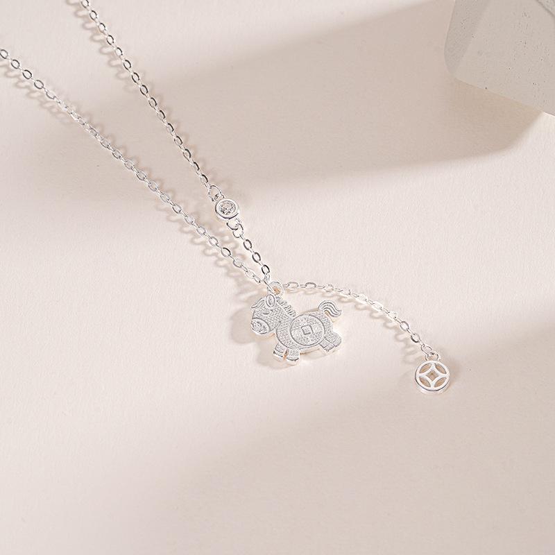 Tichiya S925 Sterling Silver Horse Tassel Clavicle Necklace for Women - New Chinese Style Fashion S925 Silver