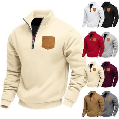 Men's Casual Half-Zip Stand Collar Fleece Sweatshirt Pullover with Patch Pockets, Plus Size, Spring/Autumn.