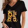 Women's V-Neck T-Shirt Sunflower Leopard Print Letter B Tee Top Floral Animal Print Initial Casual Tee A-Z 26 Alphabet Clothes