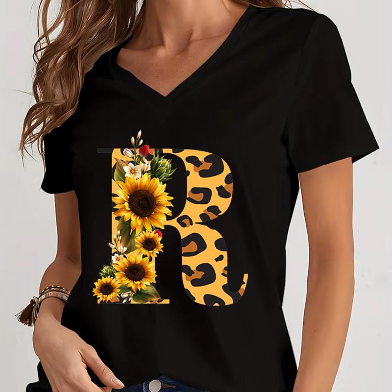 Women's V-Neck T-Shirt Sunflower Leopard Print Letter B Tee Top Floral Animal Print Initial Casual Tee A-Z 26 Alphabet Clothes