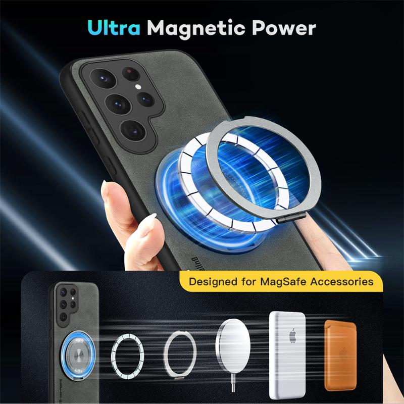 For Magsafe Magnetic 360°Rotat Metal Car Bracket Ring Leather Phone Case For Samsung S25 Ultra S23 S20 S21 S22 S24 Ultra Plus FE