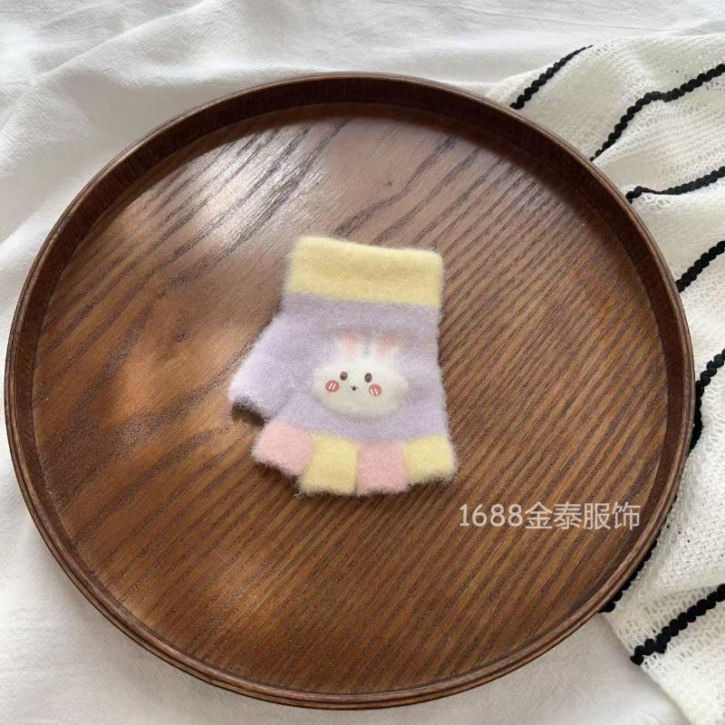 - Years old, baby half-finger gloves autumn and winter cartoon five-finger color matching bunny cute warm writing half-finger
