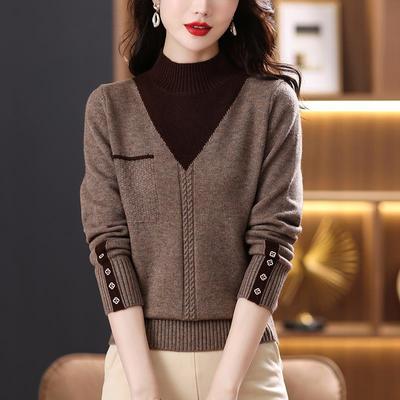 Fake zweiteilige Pullover Halber hoher Kragen Basis-Pullover für Damen Herbst Winter Pullover Top Outfit Weicher klebriger Pullover