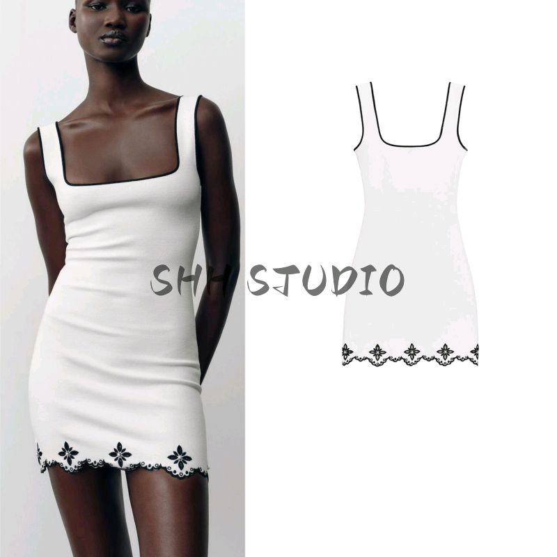 Summer New Product Women's Clothes Square Collar Contrast Color Rolled Artificial Pearl Embroider Short Sleeveless Dress 5584114