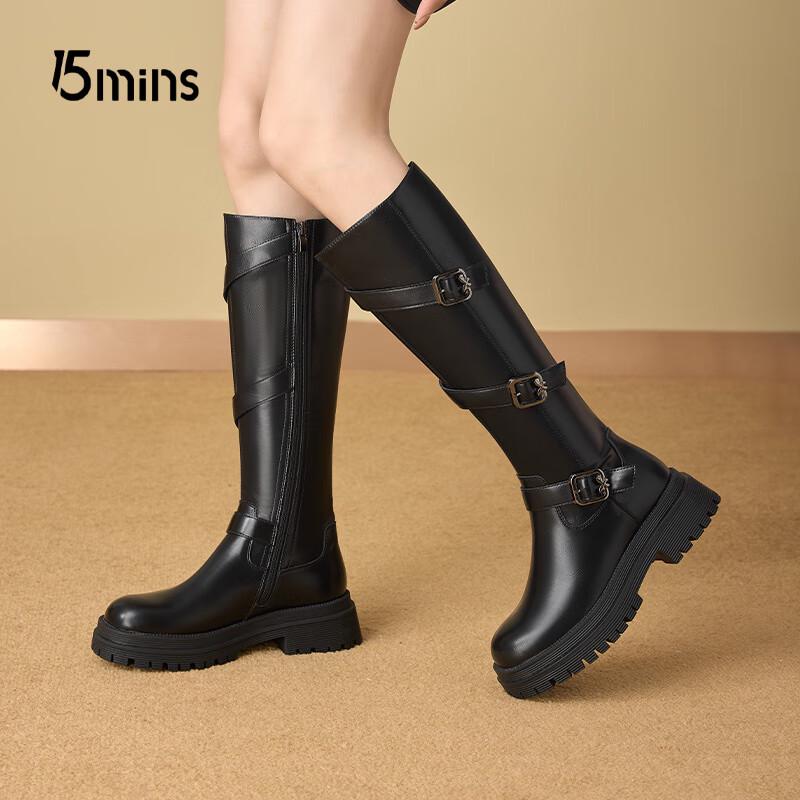 15MINS Women's Winter Warm Block Heel High Boots with Belt Buckle