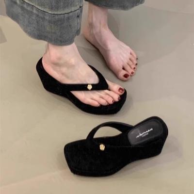Soft Leather Version~ Small Person Increases Height, Thick-soled Flip-flops, Women Wear Wedge Heels, Cool Slippers, French High-heeled Sandals.