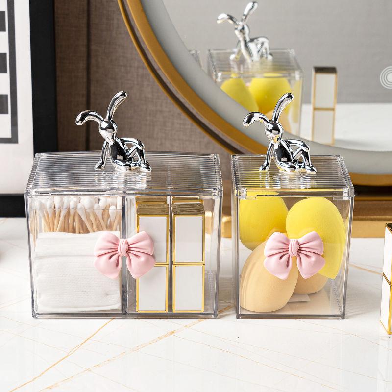 European Rabbit Bow Jewelry Box Clear Lipstick Cotton Sabs Jar Desktop Trinket Storage Box Living Room Fruit Snack Jar with Lid