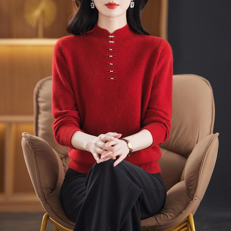 Women's Red Chinese-Style Thick Wool Sweater for Autumn/Winter