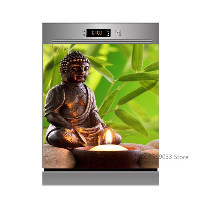 Lotus White Rose Kitchen Dishwasher Door Sticker Home Furniture Renovation Waterproof Vinyl Wallpaper Buddha Flower Room Decor