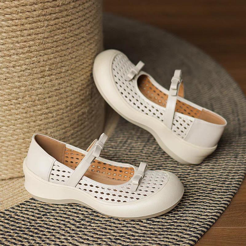 

Retro style fashion women s commuting word with round head platform casual shoes shallow mouth single shoes hollow hole sandals 35