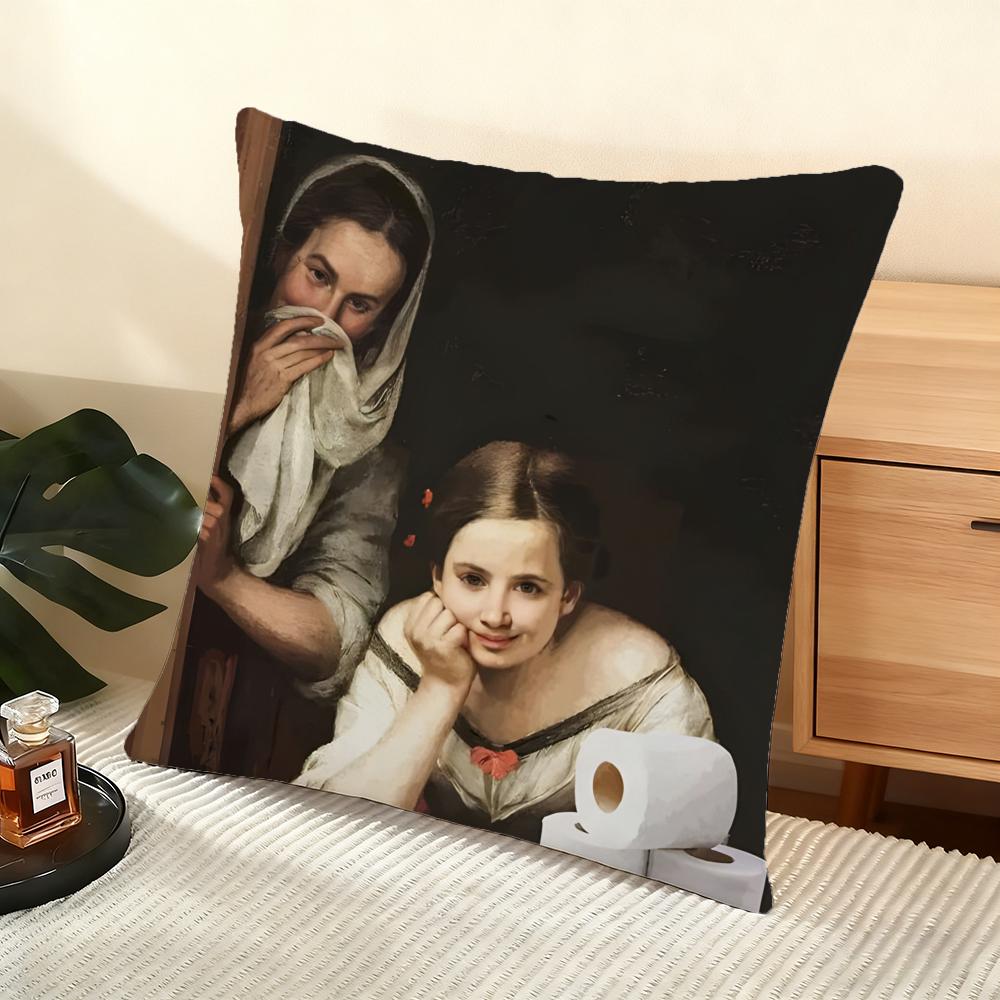 Mona Lisa Wearing Pearls Girl Cushion Cover Soft Short Plush Pillow Cover Smooth Cozy Texture Aesthetic Cushion Case Home Decor