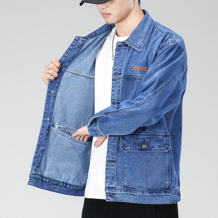 Men's Functional Embroidered Denim Jacket - Autumn/Winter Loose Fit, Japanese Trend, Plus Size Outerwear
