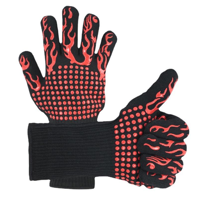 Hitzebeständige und hitzebeständige Grillhandschuhe mit fünf Fingern, wärmeisolierend, mikrowellengeeignet, mit Silikonbeschichtung.