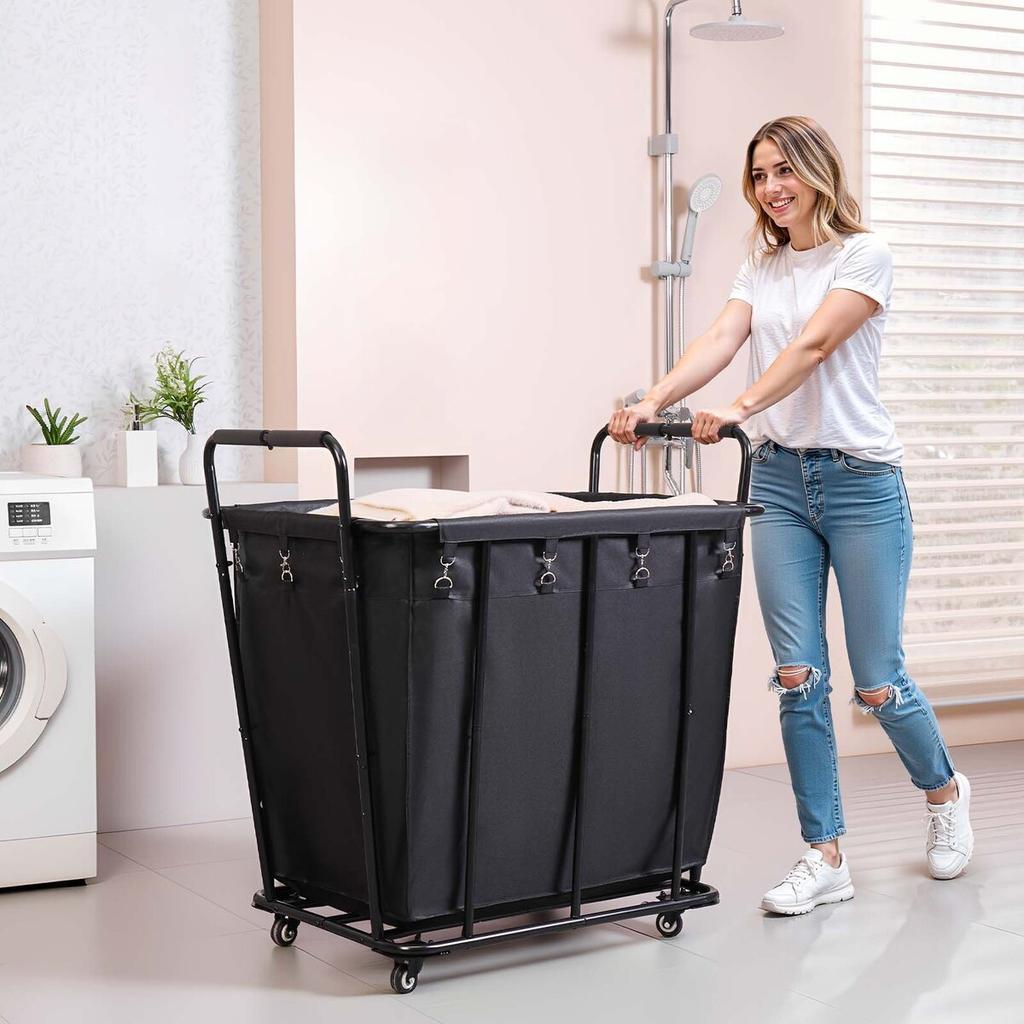 Laundry Cart, Rolling Grocery Utility Cart with Waterproof Liner & Swivel Wheels, 118 KG Large Load Capacity, Heavy Duty Shopping Basket for Laundry,