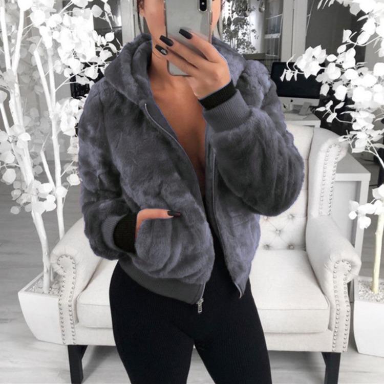 Women Bunny Fur Hooded Jacket Short Coat for Autumn Winter Female Fashion Outerwear