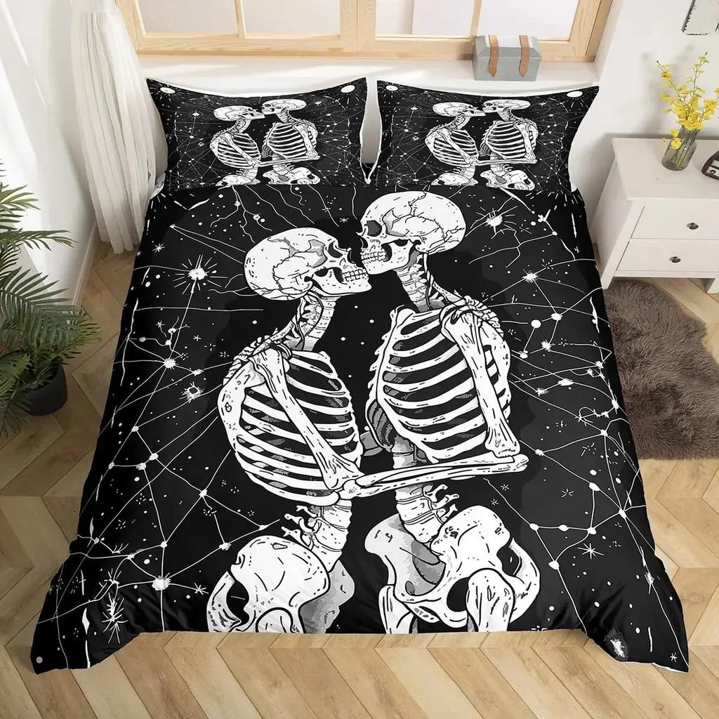 Sugar Skull Lover Duvet Cover King Kissing Couple Skeleton Bedding Set Red Rose Comforter Cover Death And Love Theme Quilt Cover