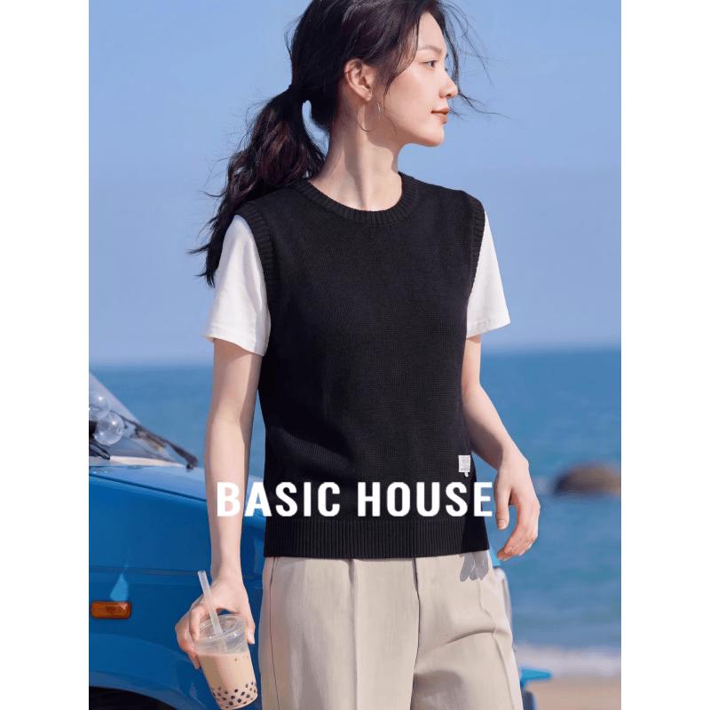 Basic House Women s Faux Two-Piece Tencel Blend Short Sleeve Knit Top M