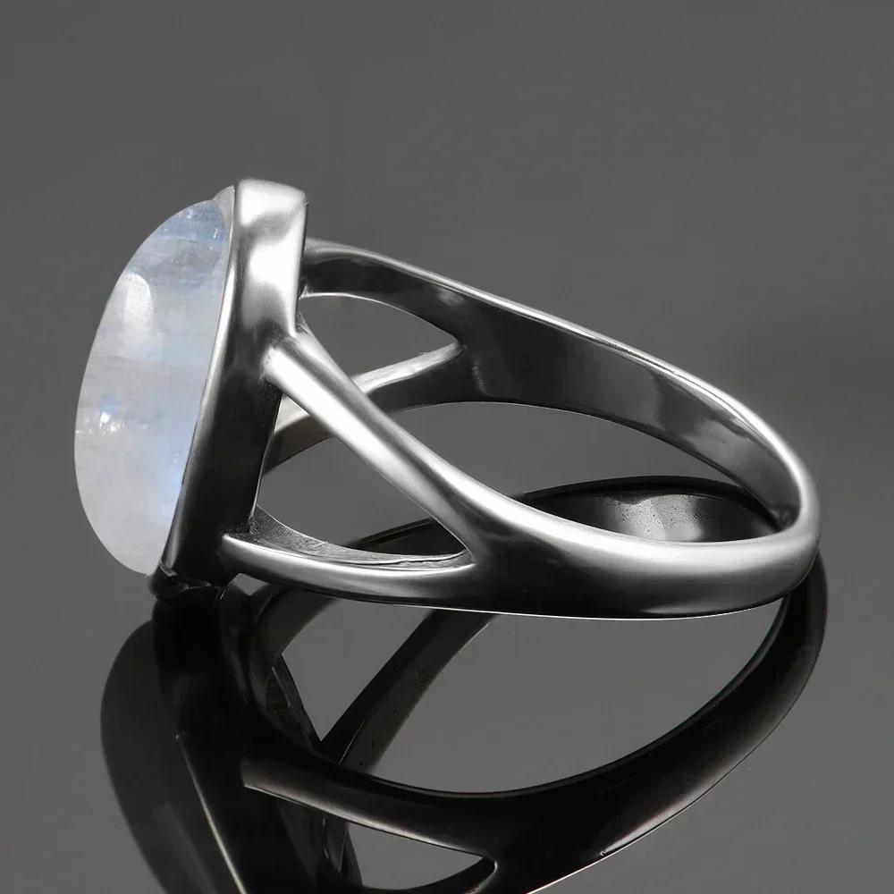 Sterling Silver Ring With Natural 10*14mm Moonstone Rings Oval Large Stone Vintage Fine Jewelry for Women Men