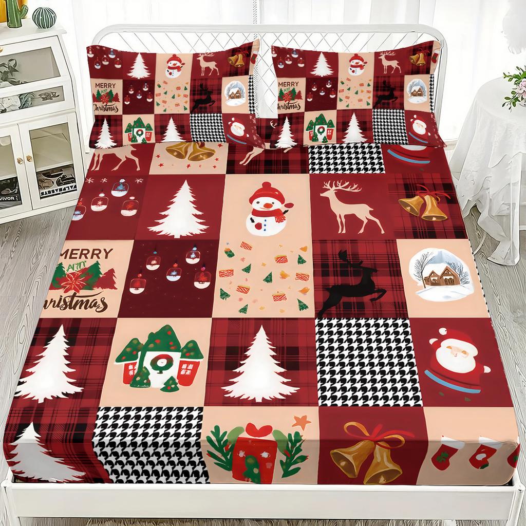 Red Fitted Sheet Set Marry Christmas Pine Grid 3D Print 100% Polyester Mattress Covers Soft Bed Set New Decor 2 Pillowcases