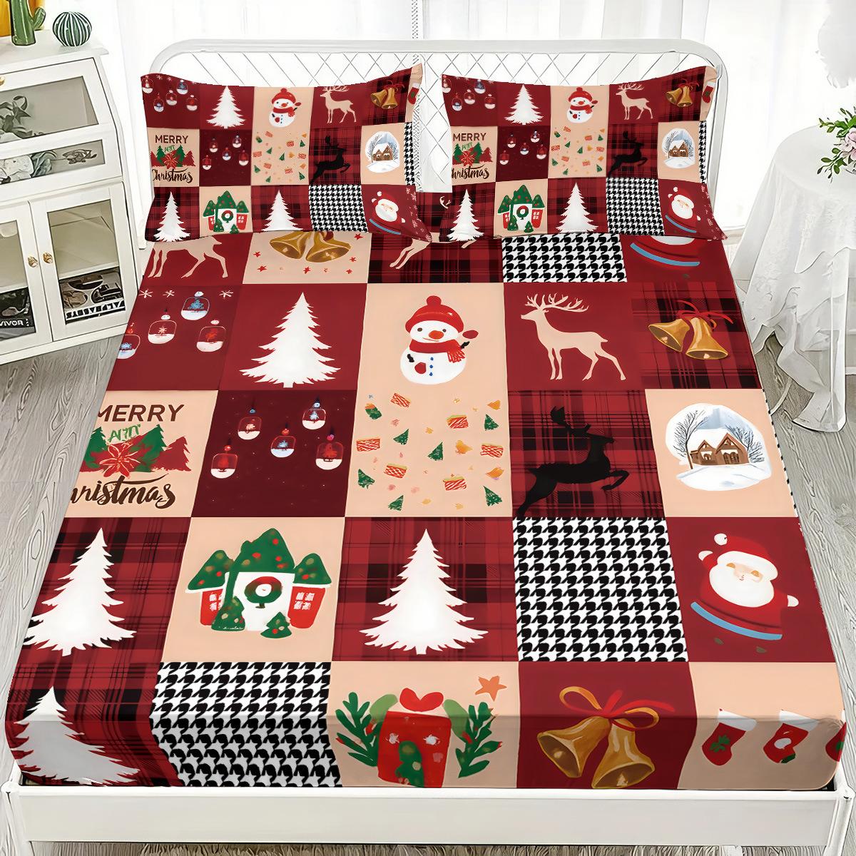 

Red Fitted Sheet Set Marry Christmas Pine Grid 3D Print 100% Polyester Mattress Covers Soft Bed Set New Year Decor 2 Pillowcases Twin99x190x25cm