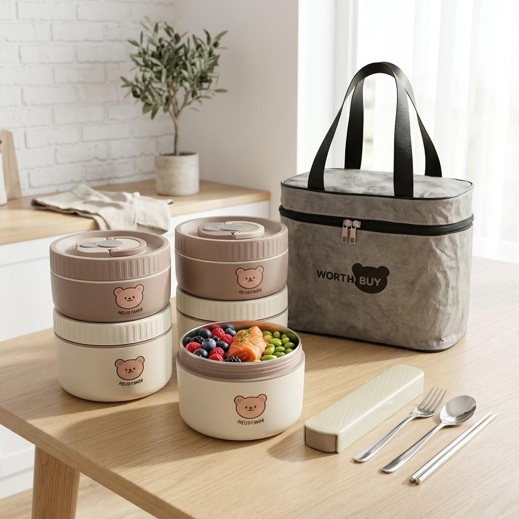 Kawaii 304 Stainless Steel Bento Box Thermal Lunch Box with Handle Microwave Safe Food Storage Containers for Kids Adults School