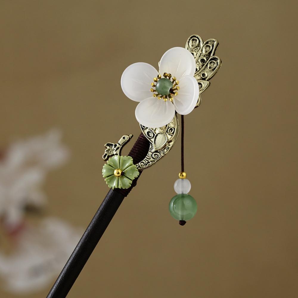 Decorative Chinese Style Flower Hair Sticks Handmade with Tassel Hair Chopsticks Retro Hair Fork Wooden Hairpin for Hanfu
