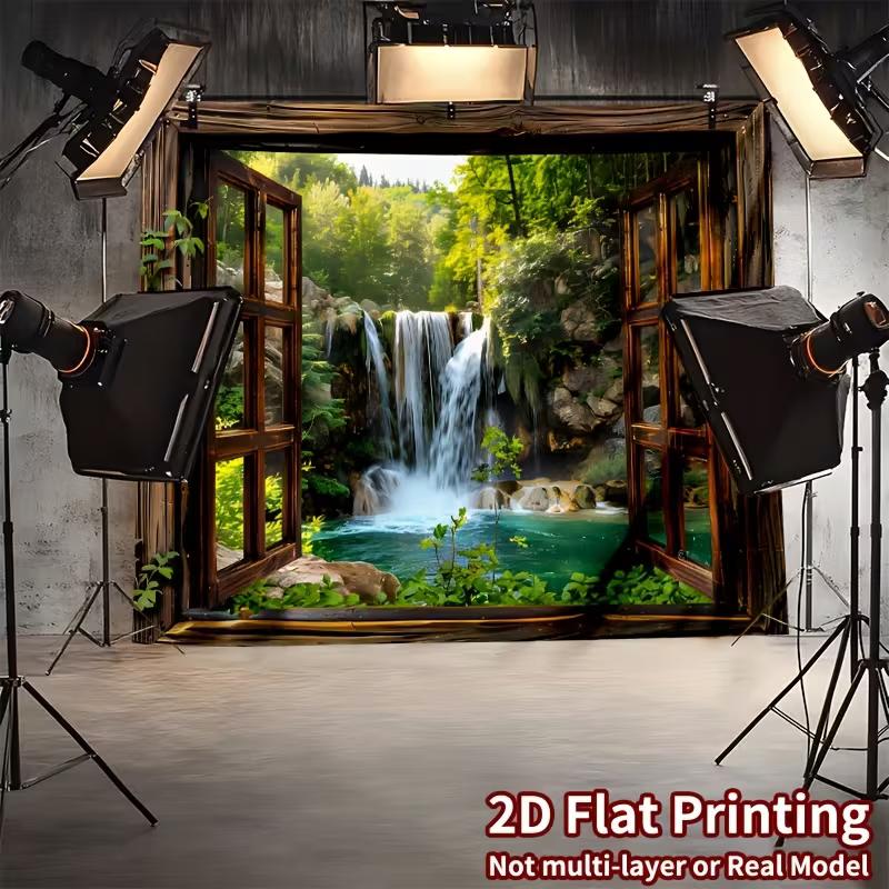 2D Scenic Waterfall View Tapestry Open Window Photography Background